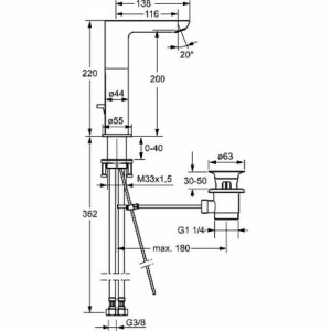 Hansa Hansaligna Waschtischarmatur, Seitenbedient, Mit Ablaufgarnitur, Ausladung: 116mm, Chrom, 55302203 – 55302203 6